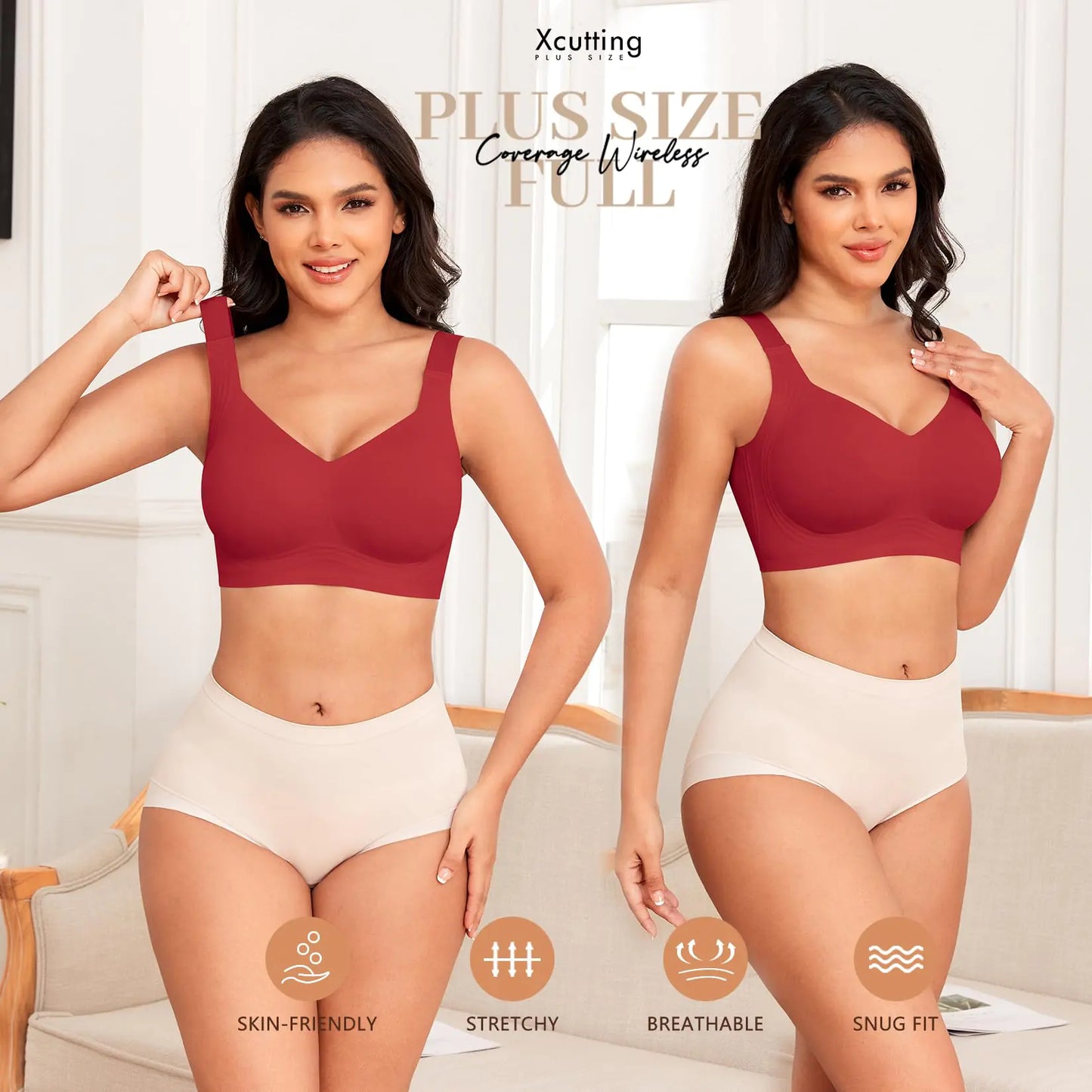 Women Wirefree Bras for Women Full Coverage No Underwire Everyday Bras Comfortable Wireless Padded Bras 5X-Large Red