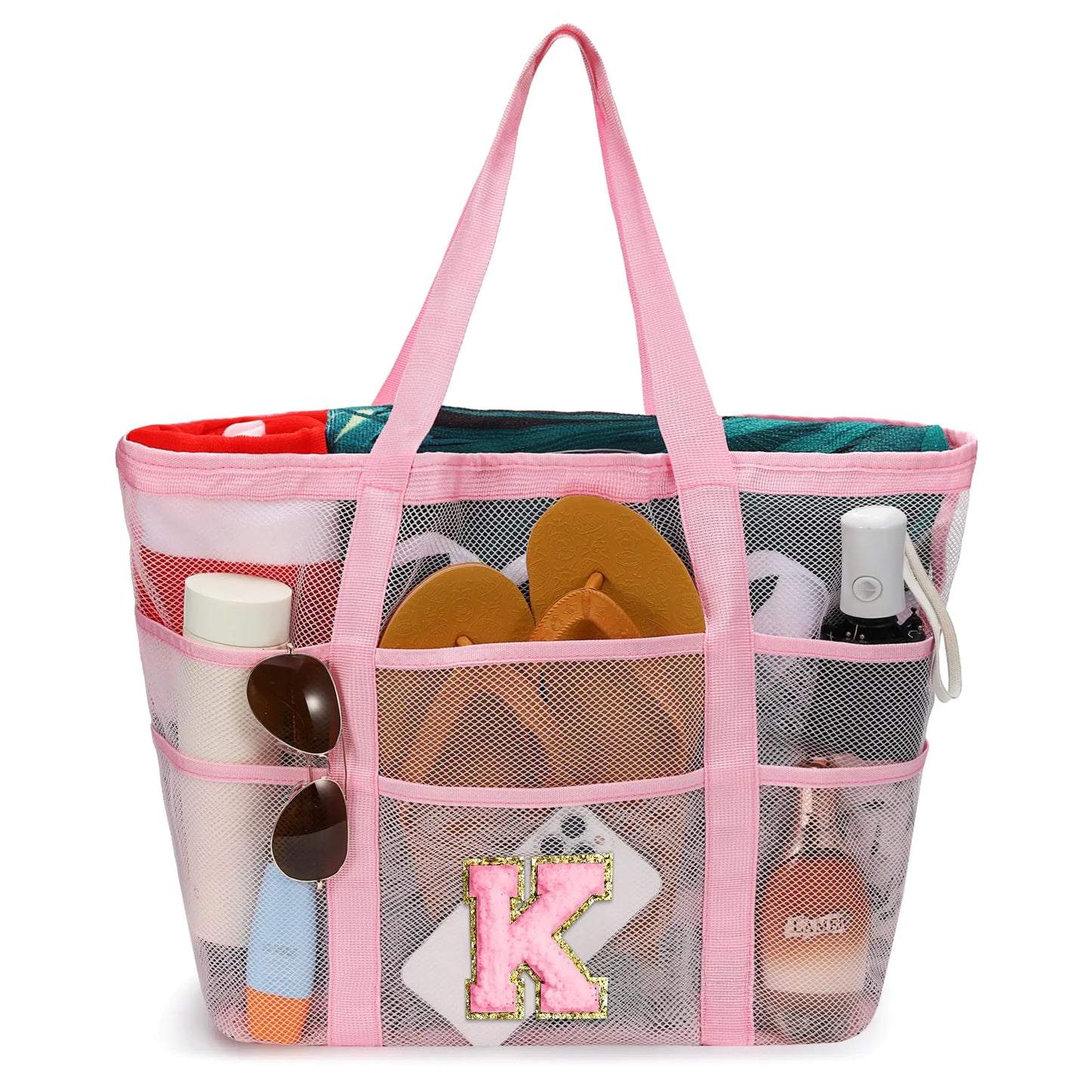 YOOLIFE Beach Bags for Women - Mesh Beach Tote for Women Personalized Mesh Beach Bag for Women Swim Bag for Women Initial Beach Bags for Women Beach Accessories Travel Tote Bag Black K