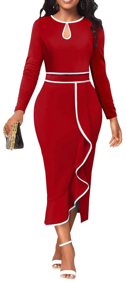 Sexy Long Sleeve Business Dress Elegant Wedding Party Night Out Prom Wrap Pencil Split Wear to Work Dresses(73RedSmall)