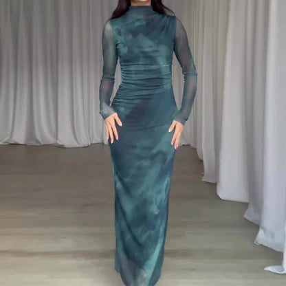 Printed Silk Net Slim-Fit Long Sleeve Dress