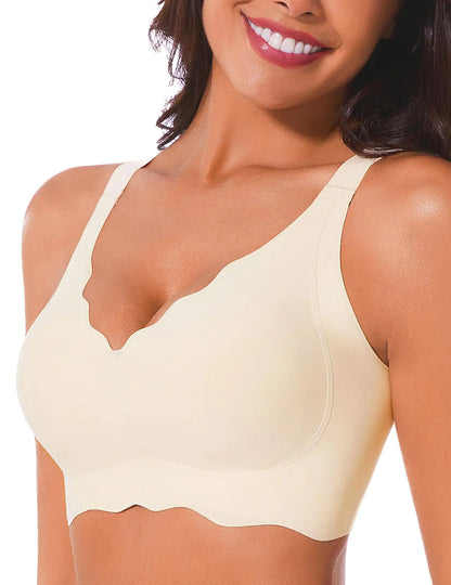 Wavy Wireless Bras for Women Smoothing No Underwire Bralettes with Support Seamless V Neck Womens Bras Comfort T Shirt Bras -BeigeS